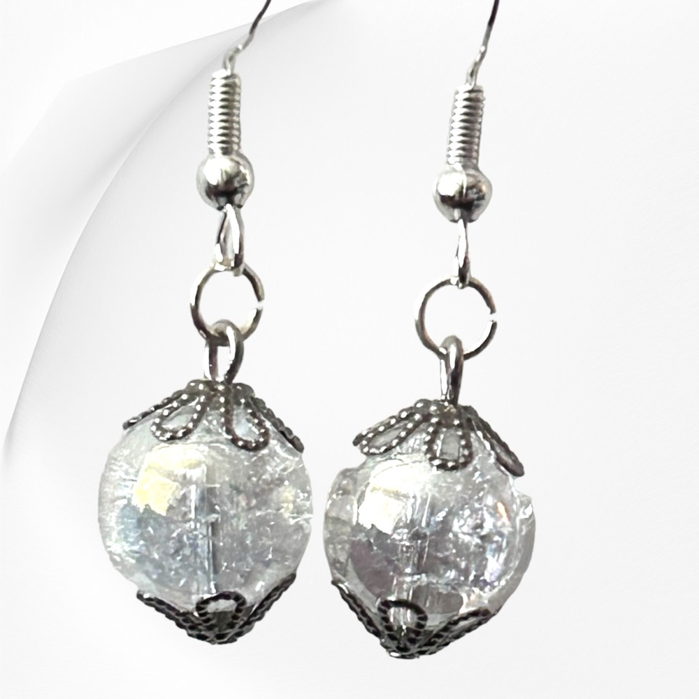 Hand Crafted Earrings Quartz Crystals Crackled Dangle Pierced Natural